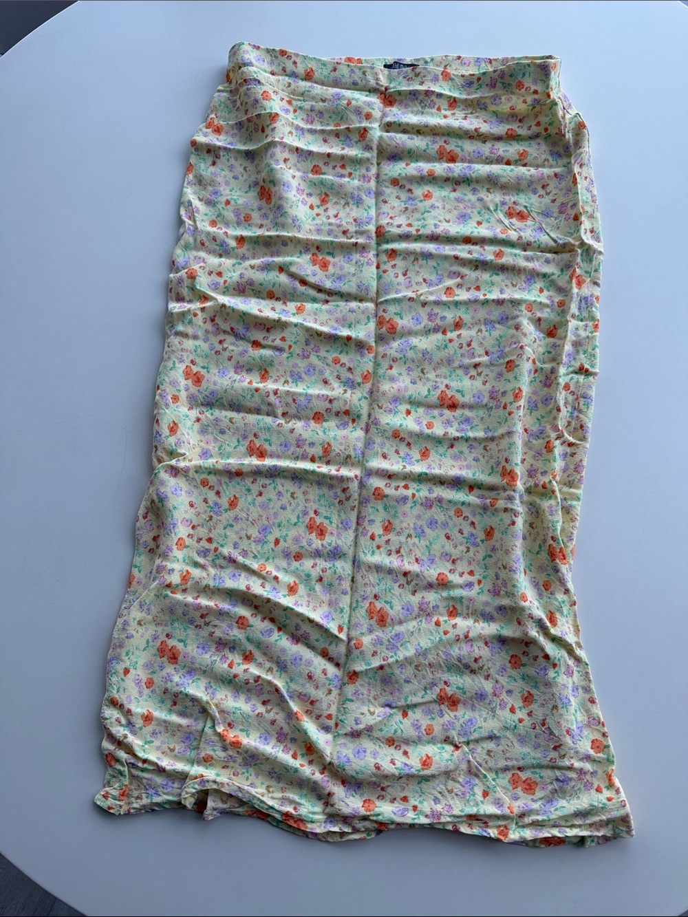 Floral Midi Skirt in Light Yellow with Orange & Lavender Flowers